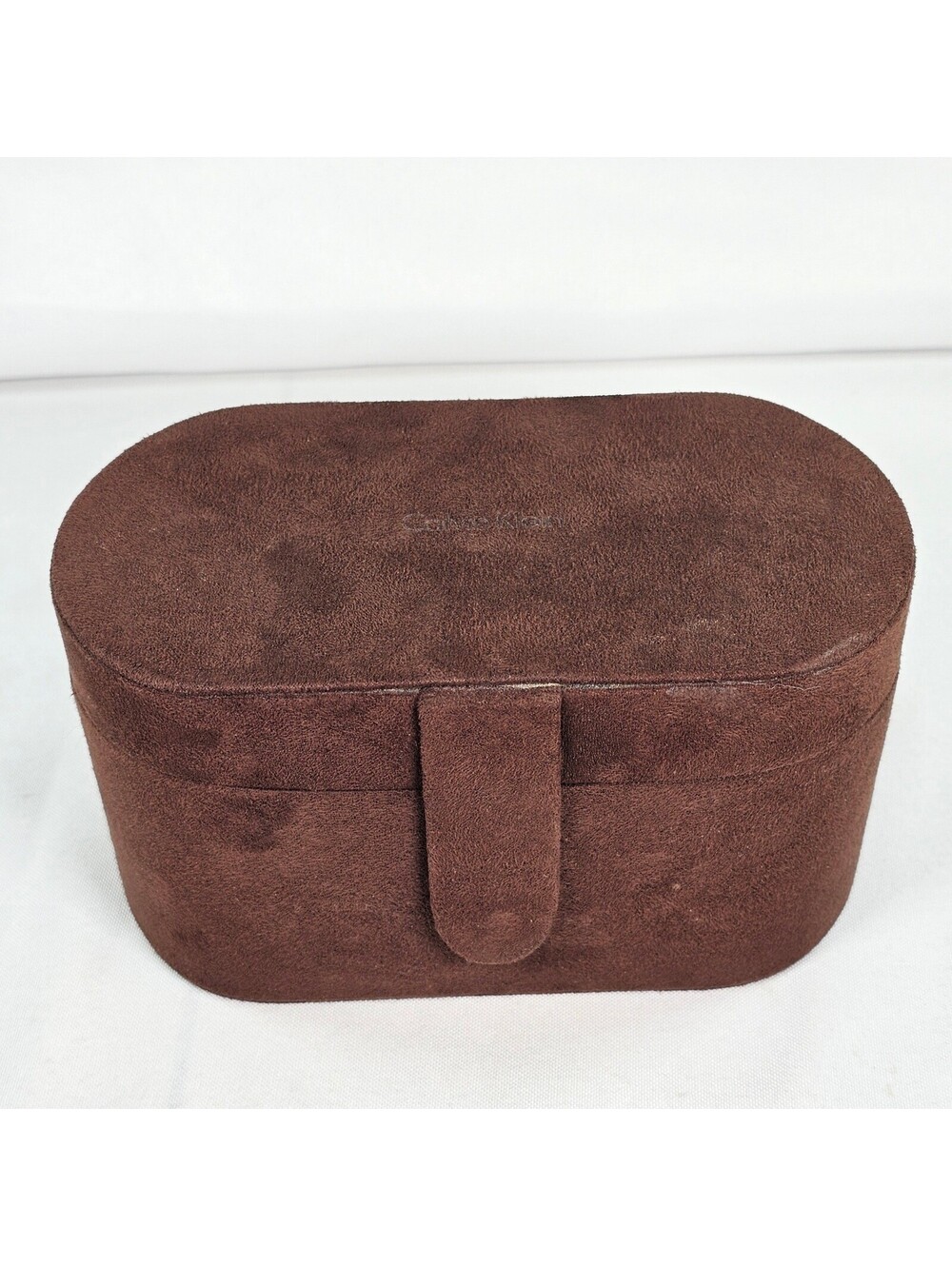 Calvin Klein Brown Suede Cosmetic Travel Case Oval Makeup Vanity Bag Organizer